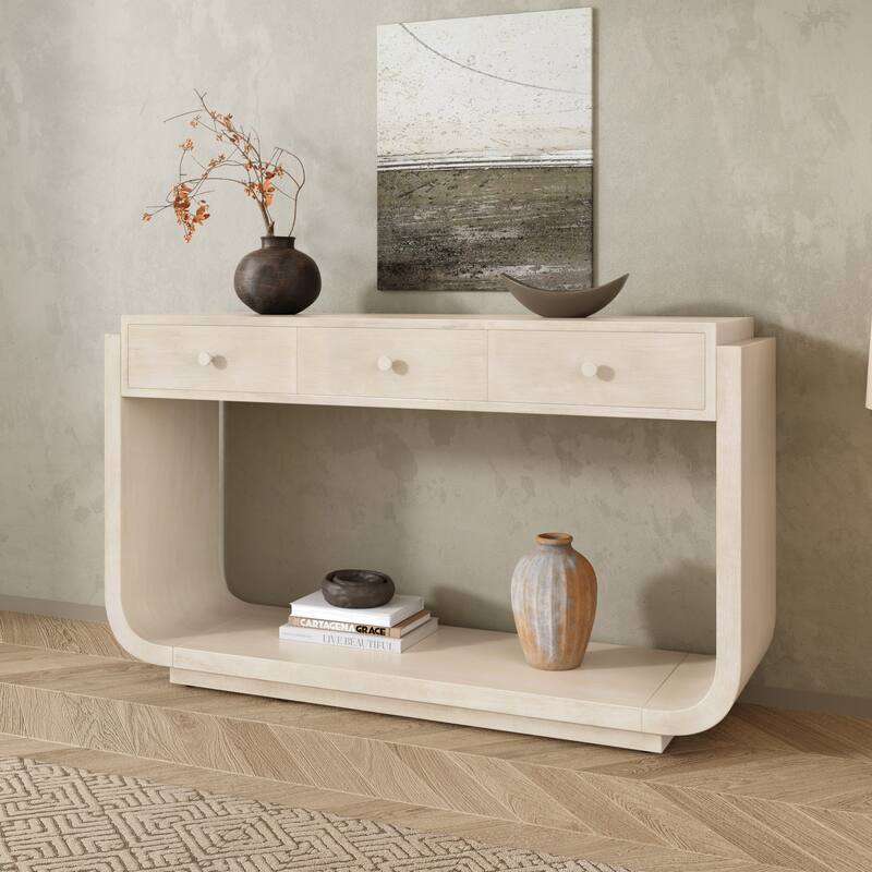 Christopher Knight Home - Alderwood Paulownia Veneer 3 Drawers Console Table with Curved Legs and Ample Storage - Beige