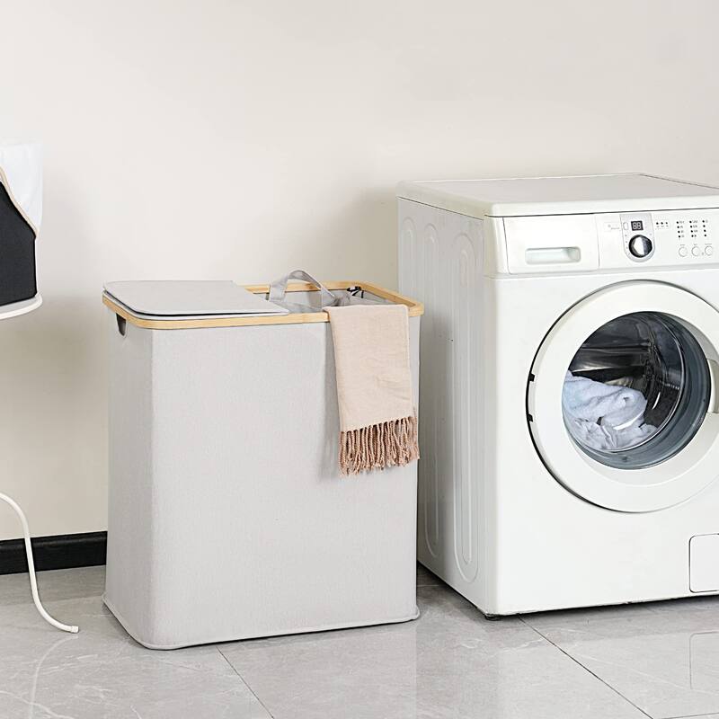 Double Laundry Hamper with Lid, Divided Laundry Hamper with Removable Bags, 2 Section Dirty Clothes Basket with Handles