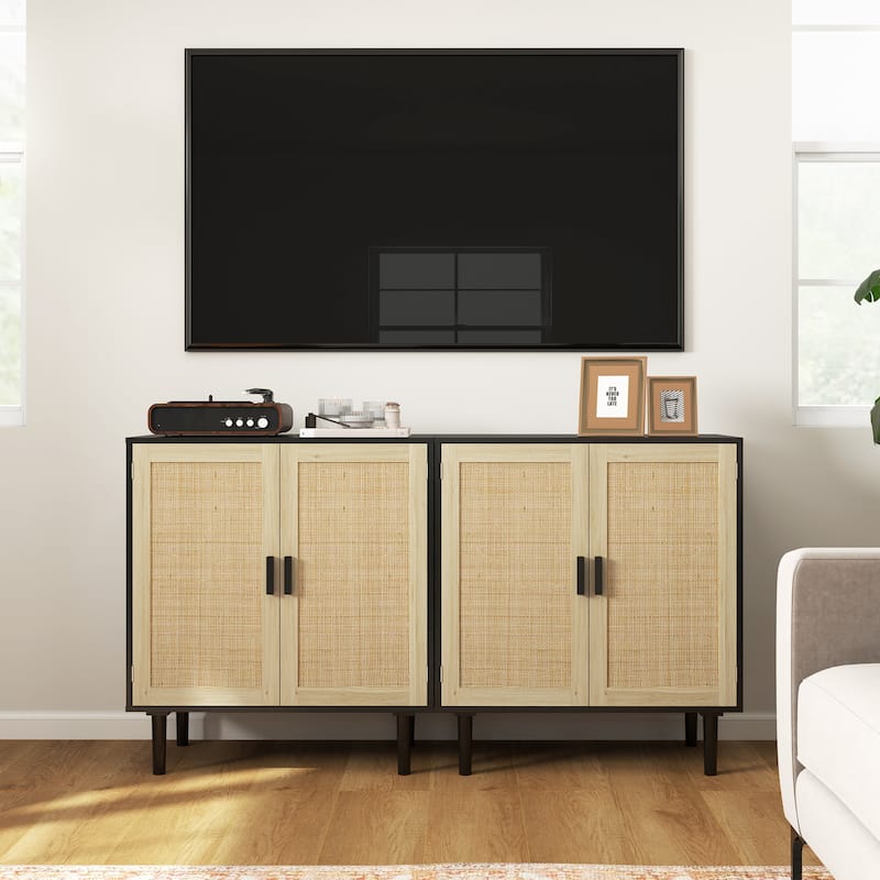 31.5" Double-Tier Rattan Sideboard Cabinet with Magnetic Doors for Living Room Storage - 31.5" W x 15.7" D x 34.6" H