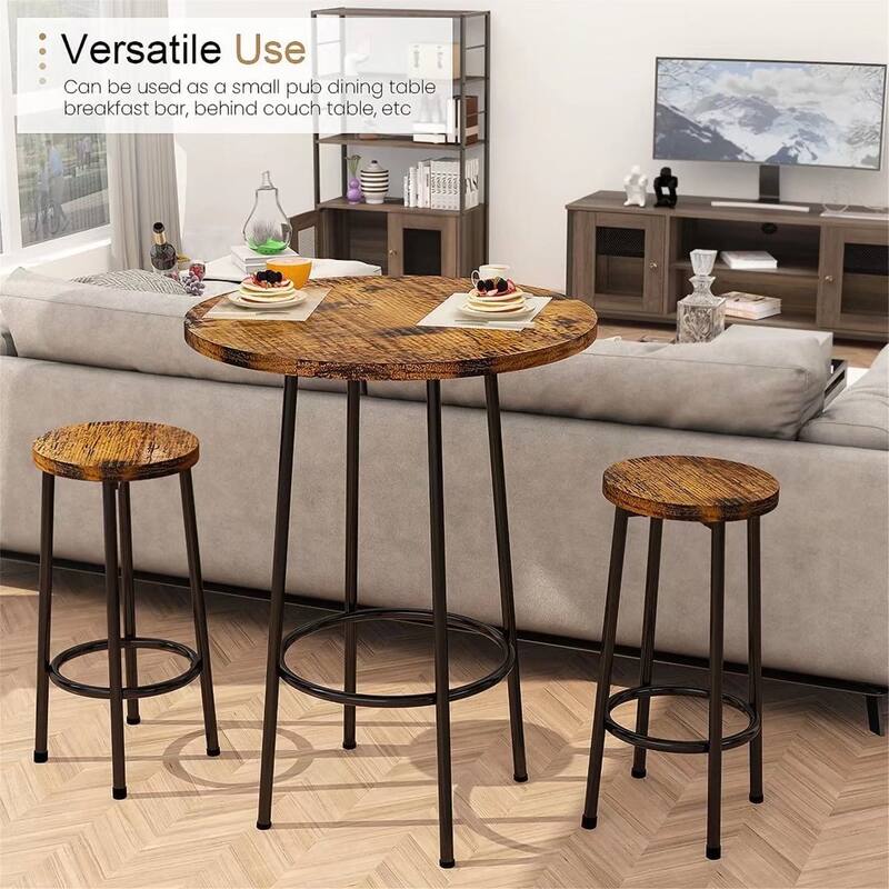 3 Pieces Industrial Round Pub Table Set with 2 Bar Stools