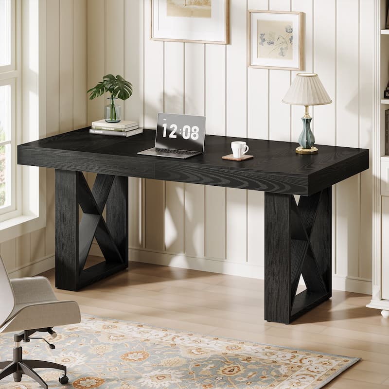 63-Inch Long Computer Desk, Simple Wood Thick Appearance Design - Black