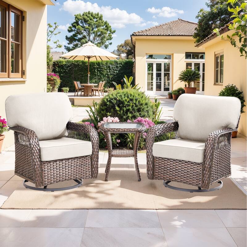 Pocassy Patio Outdoor Sofa Ottoman with Swivel Chair Table - Brown Wicker Beige Cushion - 3-Piece Swivel Chair with Side Table