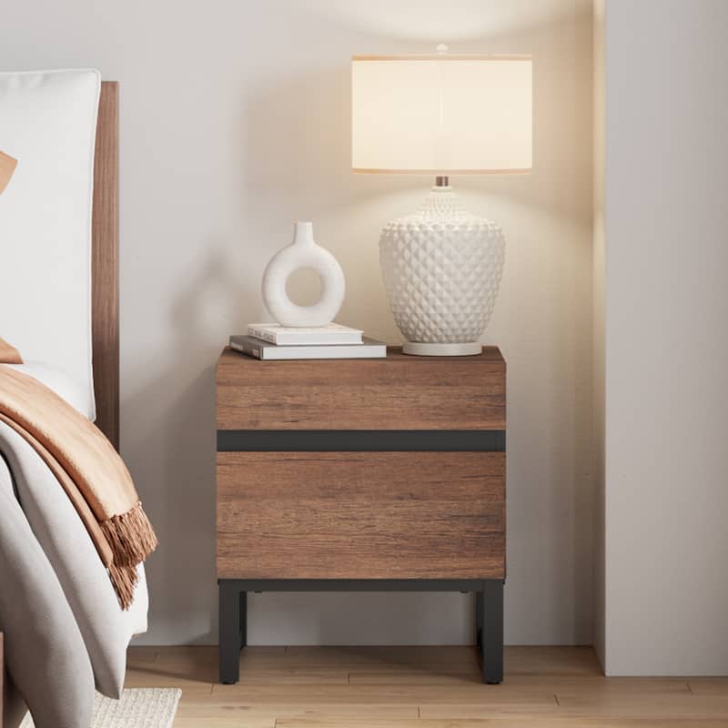 WAMPAT Modern Nightstand with 2 Drawers, Farmhouse BedsideTable with Black Square Iron Leg, Wood Rustic Side End Table