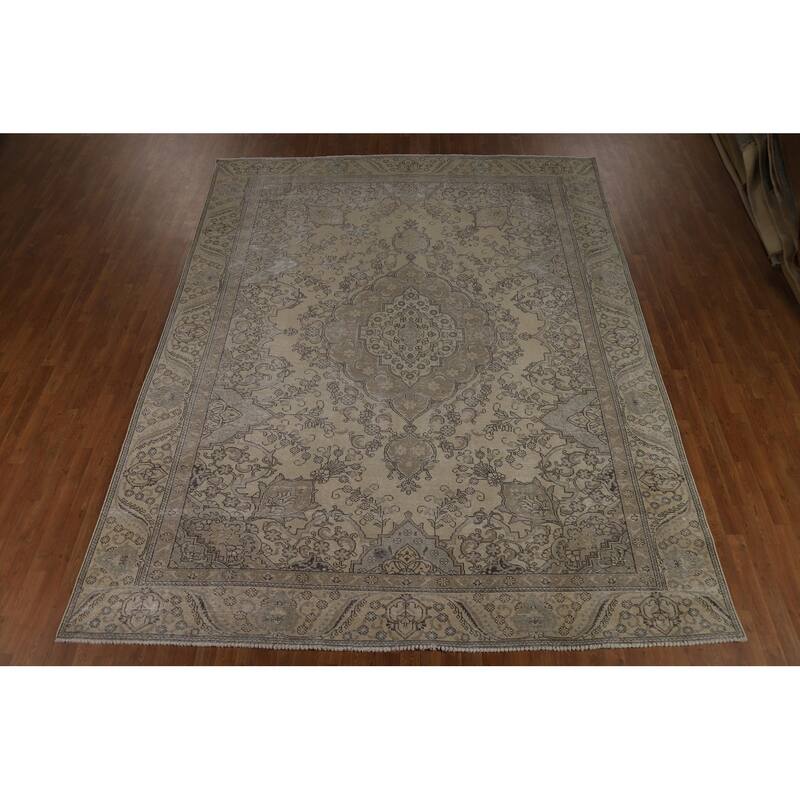 Traditional Tabriz Persian Vintage Rug Handmade Beige Wool Carpet - 9'7" x 12'1"