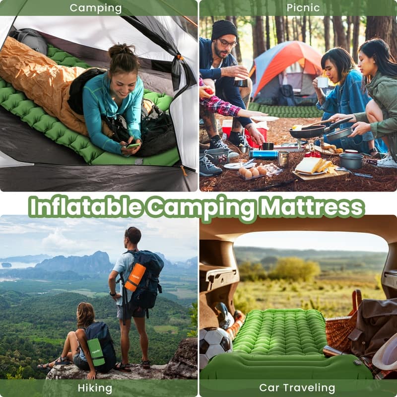 Camping Inflatable Sleeping Pad With Pillow Foot Pump & Carry Bag