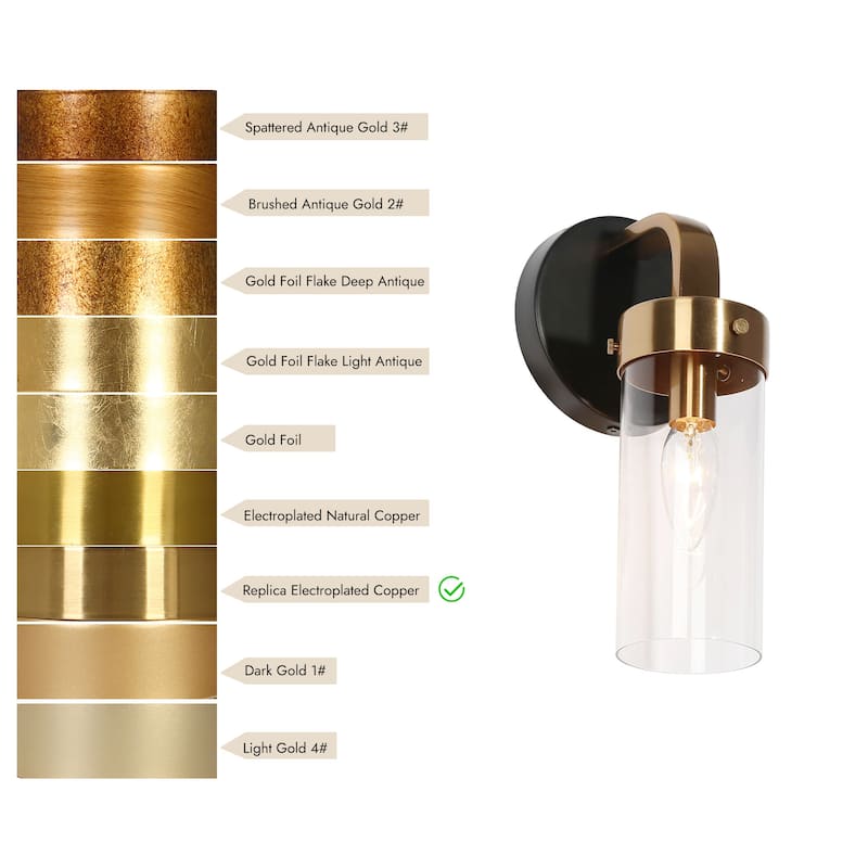 Modern 1-Light Black Gold Cylinder Glass Armed Wall Sconce Dimmable Vanity Light - 4.7" L x 5.5" W x 10" H