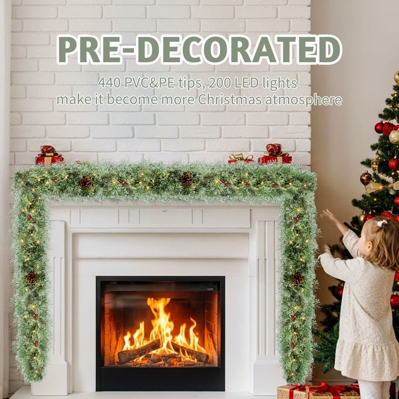 2 Pack 9FT Lighted Artificial Xmas Garland with 200 Warm Lights and 440 Tips and Red Berries
