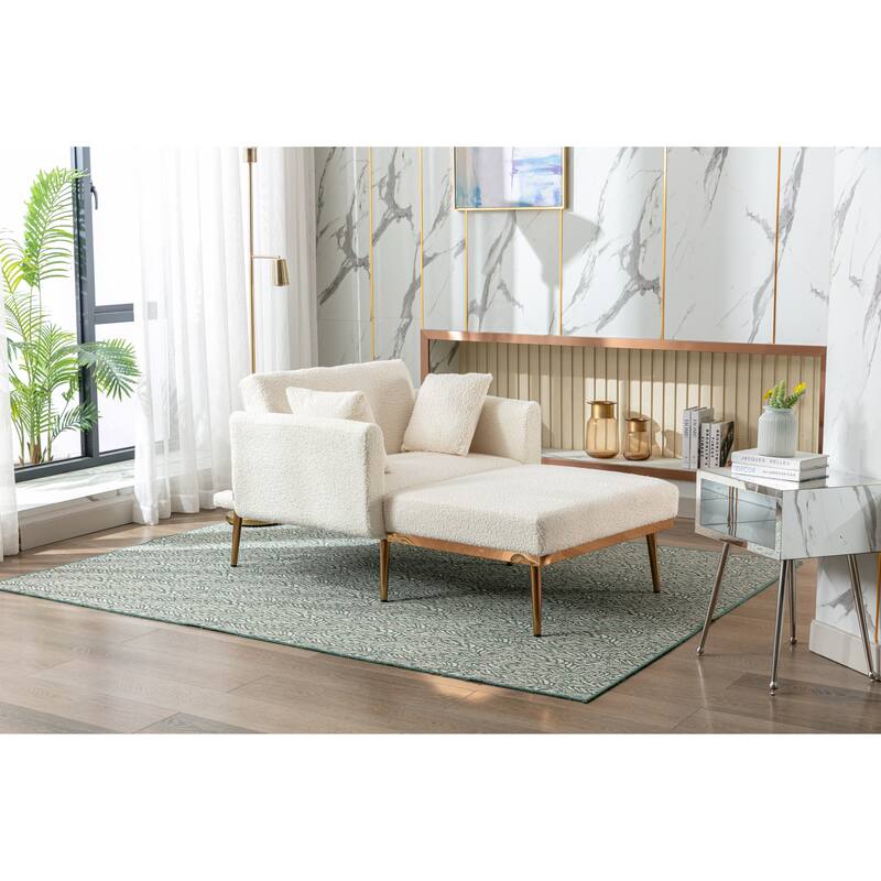 Teddy Fabric Upholstered Living Room Sleeper Sofa Chair With Rose Golden feet - White