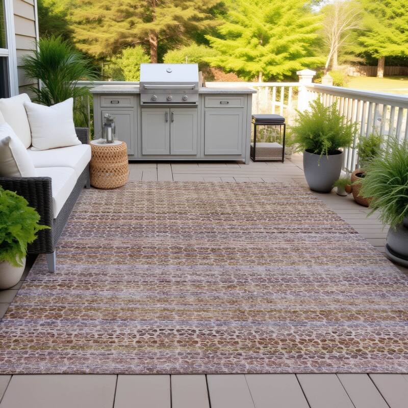 Machine Washable Indoor/Outdoor Transitional Striped Chantille Rug - Khaki - 8' x 10'