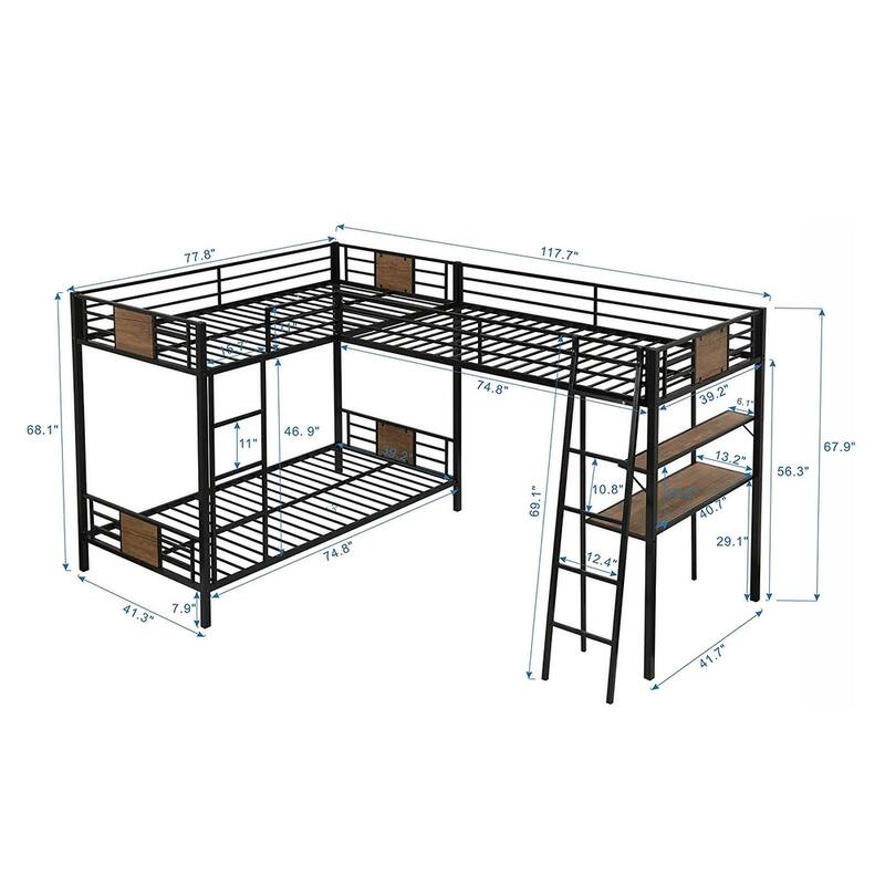 LShaped Metal Triple Bunk Bed with Desk and Shelf,Twin over Twin Bed