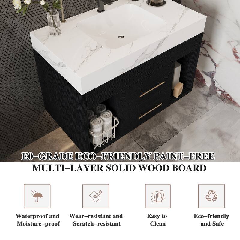 29.9" Modern Floating Bathroom Vanity with Sintered Stone Top Ceramic Undermount Sink Wall-Mounted for Small Bathrooms