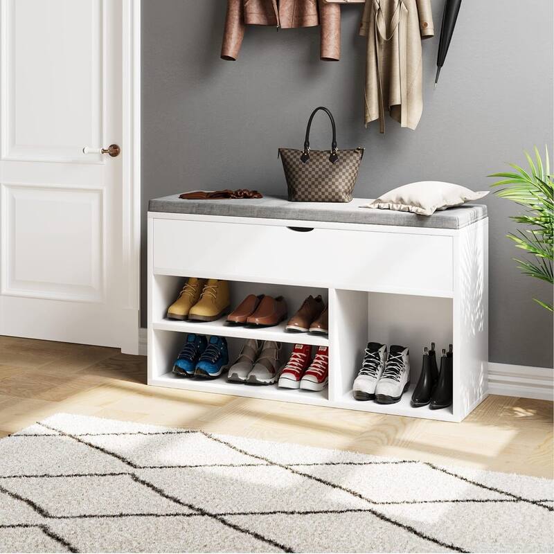 Shoe Storage Bench with a Cushioned Seat and 2 Tiers of Shelves
