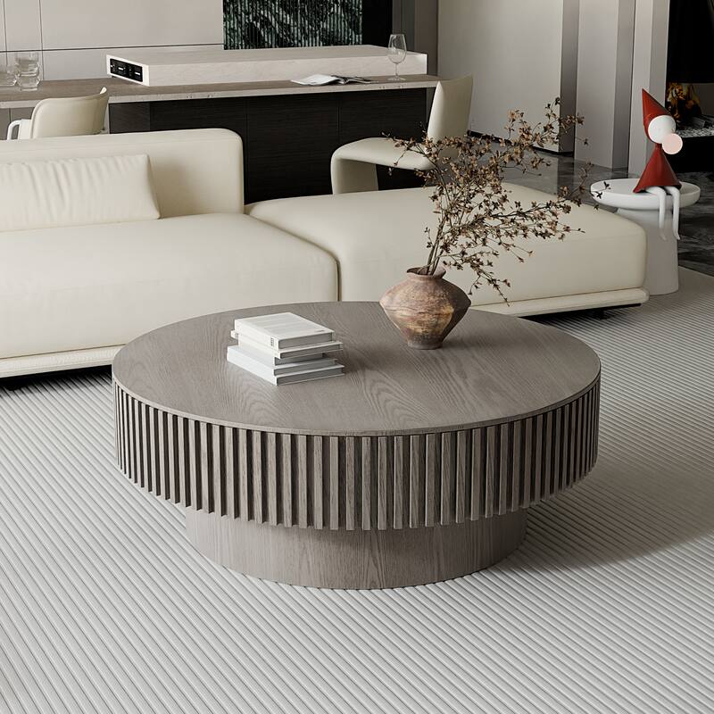 39.4" Round Coffee Table with Storage, Solid Wood Veneer Modern Accent Tea Table