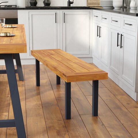 Indoor/Outdoor Solid Acacia Wood Slat Top Bench with Wood Legs
