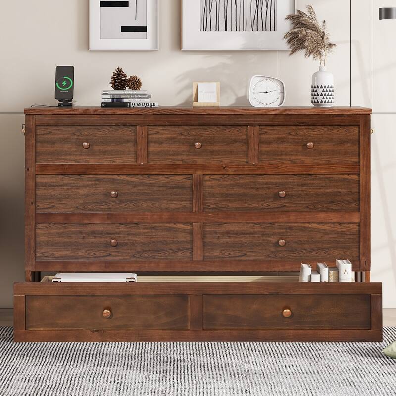 Murphy Bed Cabinet Queen with Storage Drawer and Charging Station, USB Port, Solid Pine Murphy Bedframe for Home Office