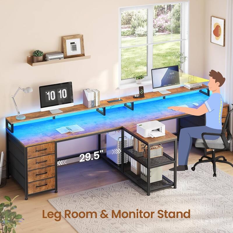 94.5" Two Person Desk with 8 Fabric Drawers Gaming Desk LED Lights