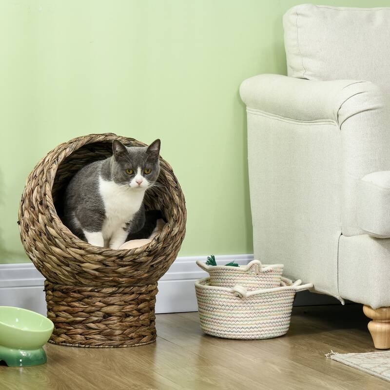 PawHut 20" Natural Braided Banana Leaf Elevated Cat Bed Basket with Cushion, Grey