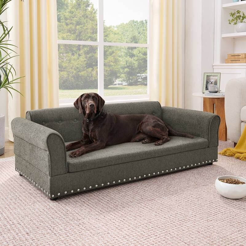 Oversized Pet Sofa, Elegant Modern Linen Fabric Elevated Dog Sofa Bed, Oversized Rectangular Pet Bed with Backrest & Armrest - Grey