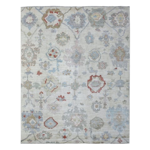 Shahbanu Rugs Ivory Hand Knotted Afghan Oushak with Colorful Leaf Design Borderless Pure Wool Oriental Rug (8'1" x 9'10")
