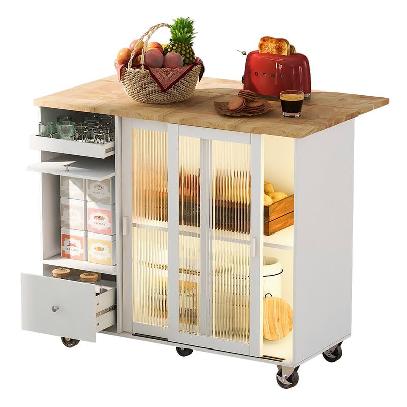 Kitchen Island Cart w/Drop Leaf, LED Light & Changeable Wheels or Feet - White