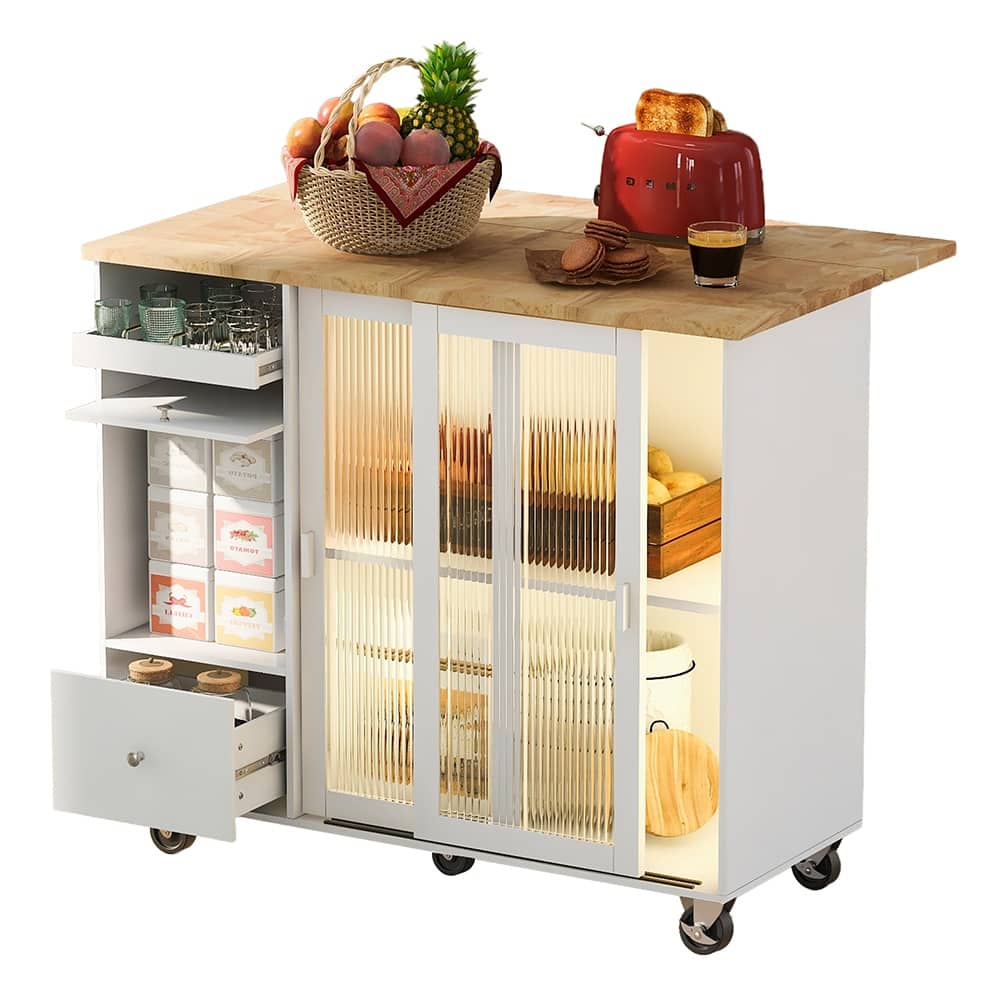 Kitchen Island Cart w/Drop Leaf, LED Light & Changeable Wheels or Feet
