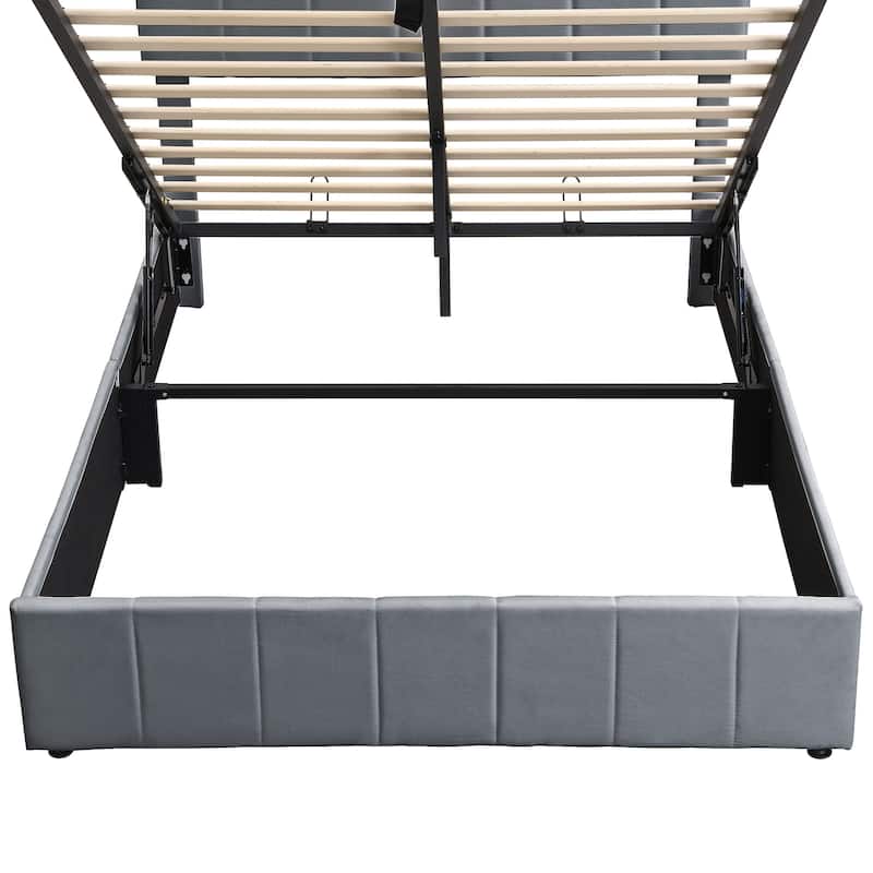 Linen Upholstered Bed Low Profile Platform Bed Storage Bedframe with Hydraulic Storage System, Headboard and Slats Support