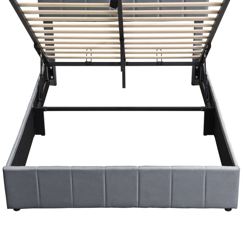 Full / Queen Sturdy Platform Bed with Hydraulic Lift Storage and Linen Headboard