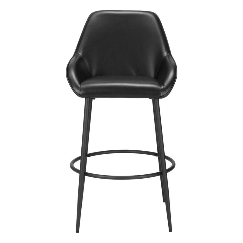 Set of 2 Modern Bar Height Chairs Black Faux Leather Upholstered Stools with Arms and Footrest - 42.5”H x 22.4”W x 24”D