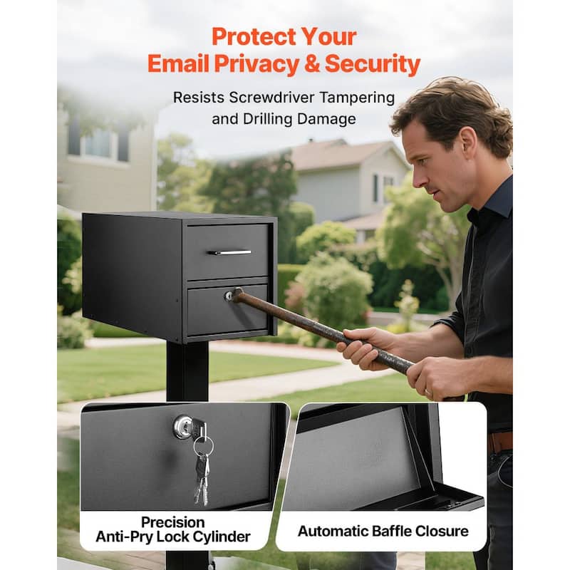 Black Steel Lockable Mailbox Post Mount with Anti-Theft Design and Magnetic Door - 21.06 x 10.63 x 11.22 in