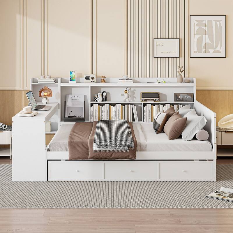 Twin/Full Daybed with 3 Storage Drawers and Bedside Desk, Wooden Day Bedframe Sofa Bed with Storage Shelves and USB Ports