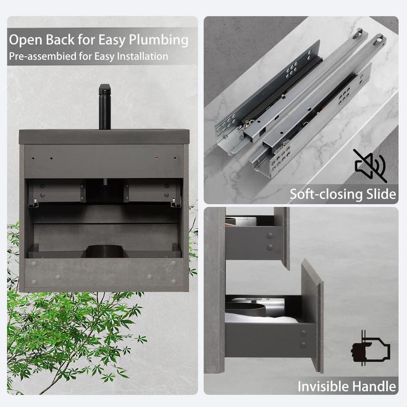 24"/30"/36"/42" Floating Bathroom Vanity with Black Quartz Sand Sink, Grey Wall-Mounted Cabinet, Soft Close Drawers