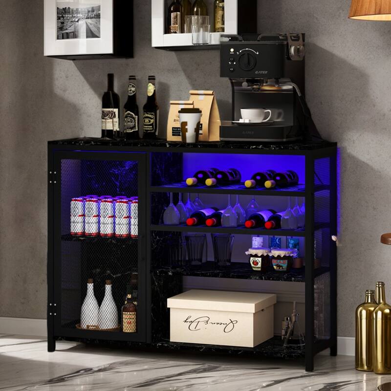 Modern Bar Sideboard Buffet Storage Cabinet with LED Lights and USB Socket, Black Wine Bar Cabinet - 43.31In*13.78in*32.87in