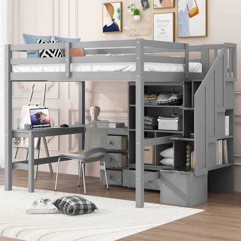 Full Size Loft Bed with L-Shaped Desk and Drawers, Cabinet and Storage Staircase