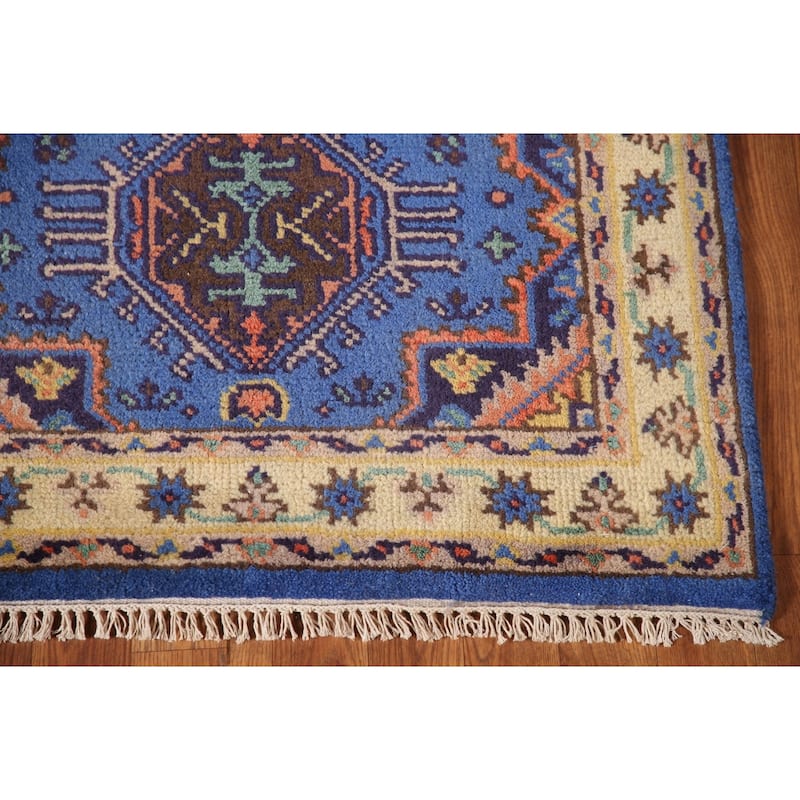 Blue Geometric Kazak Oriental Accent Rug Handmade Wool Carpet - 3'0"x 5'0"