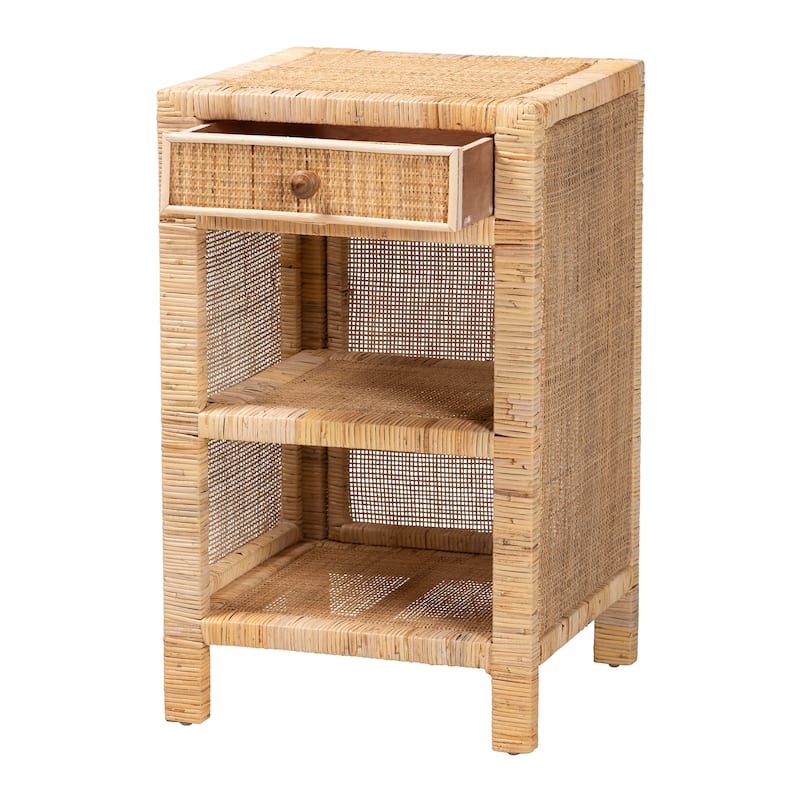 Bella Modern Bohemian Natural Brown Mahogany Wood and Natural Rattan 1-Drawer Nightstand