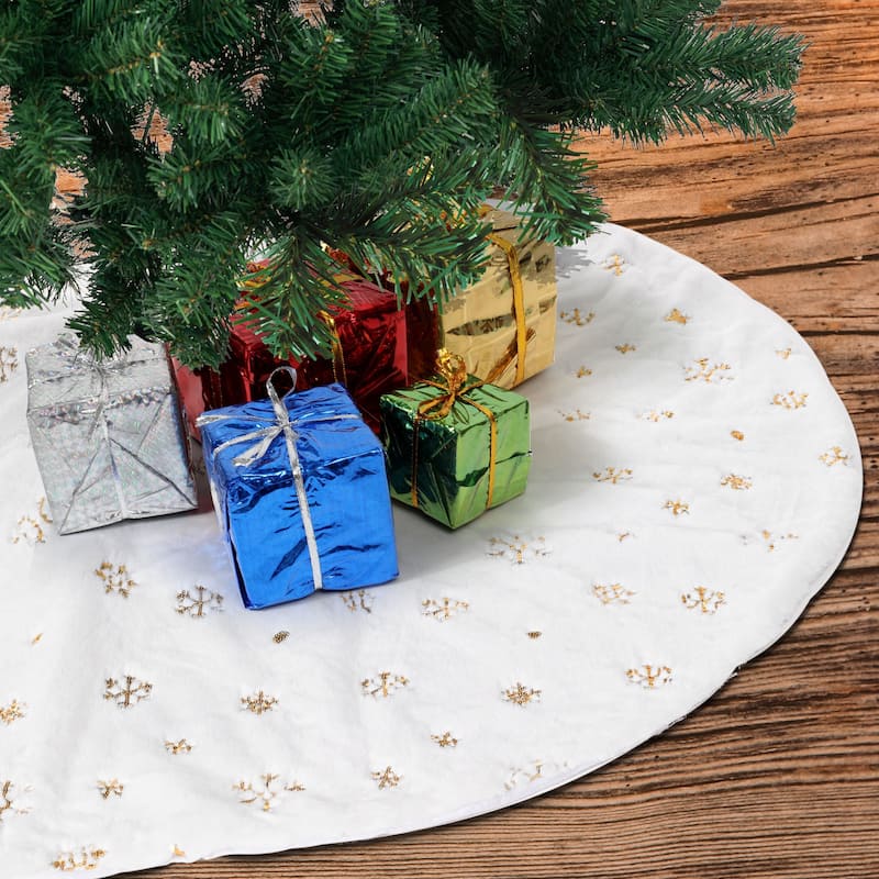 Syncfun 48" White Faux Fur Christmas Tree Skirt with Gold Sequin