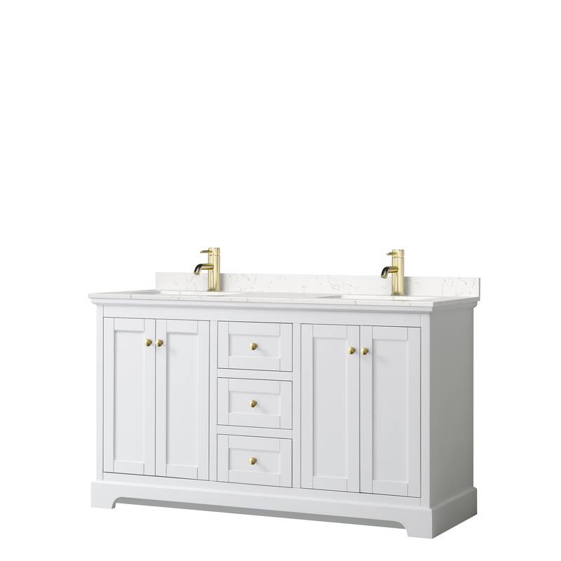 Avery 60 Inch Double Vanity, Cultured Marble Top - White, Gold Trim, Carrara Cultured Marble Top