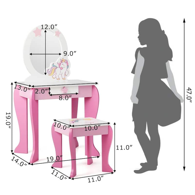Kids Wooden Makeup Dressing Table and Chair Set with Mirror and Drawer - 19" x 14" x 35" (L x W x H)