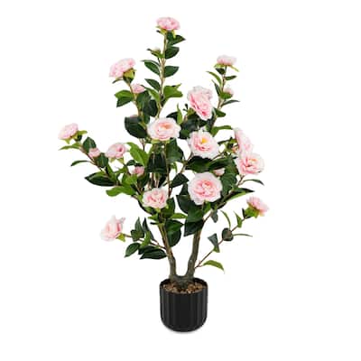 Gymax 38'' Artificial Camellia Tree Faux Floral Plant Fake Tree for