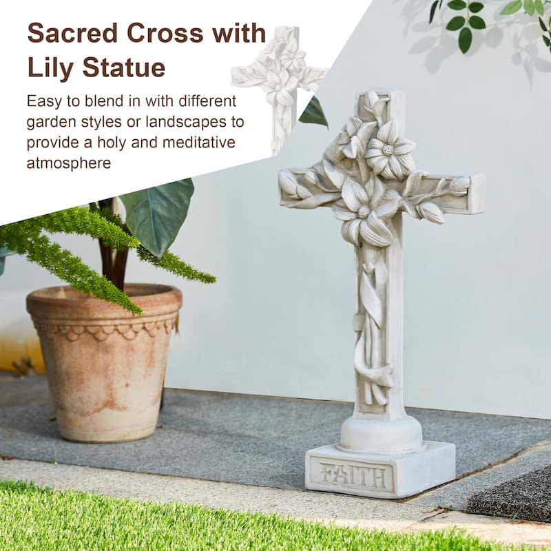 Glitzhome 21"H MGO Holy Christian Cross with Lily Garden Statue for Outdoor Indoor Christ Decor Sculpture