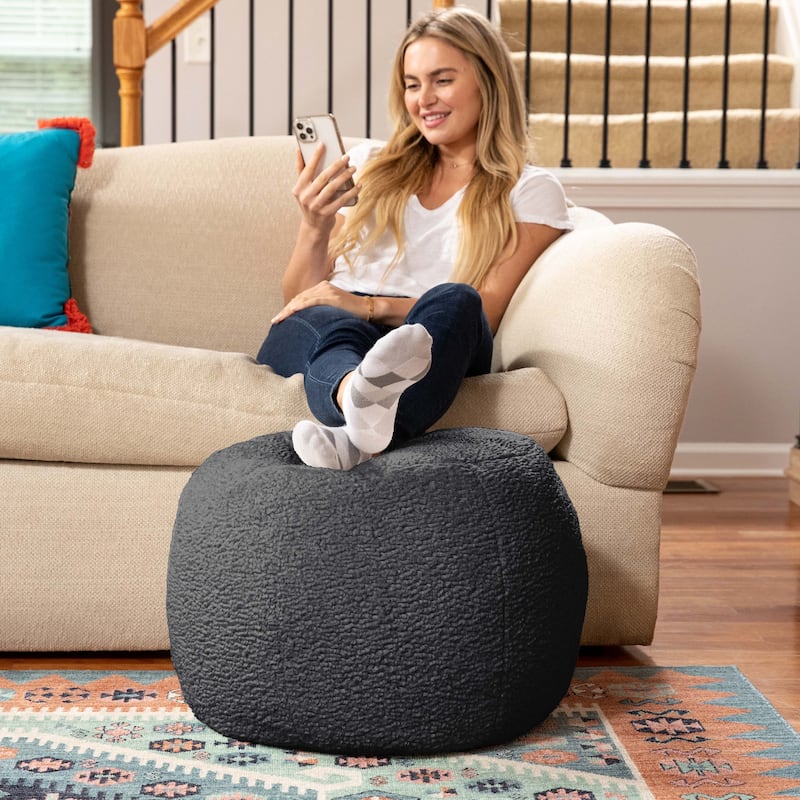 Jaxx Ellis Pouf - Modern Shearling Faux-Lamb Plush Fleece Ottoman - Small - Black