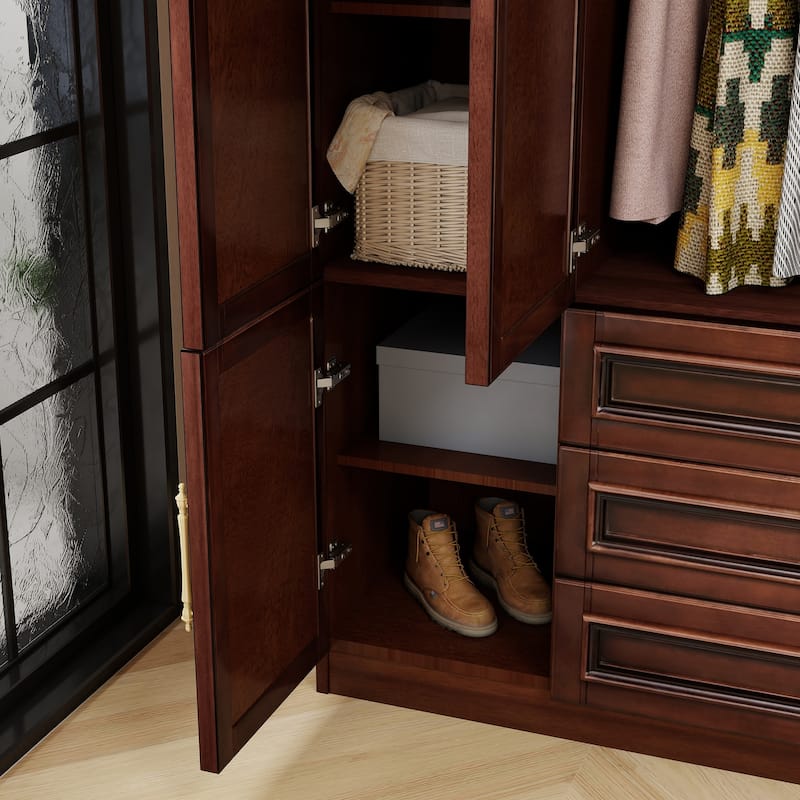 100% Solid Wood Armoire Wardrobe Closet with 4 Door, 70.87"H Armoire Closet Cabinet with 3 Drawers & 2 Hanging Rods for Bedroom