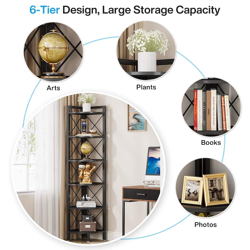 5 Tier Corner Shelves, Rustic Corner Bookshelf Small Bookcase Plant Stand for Living Room