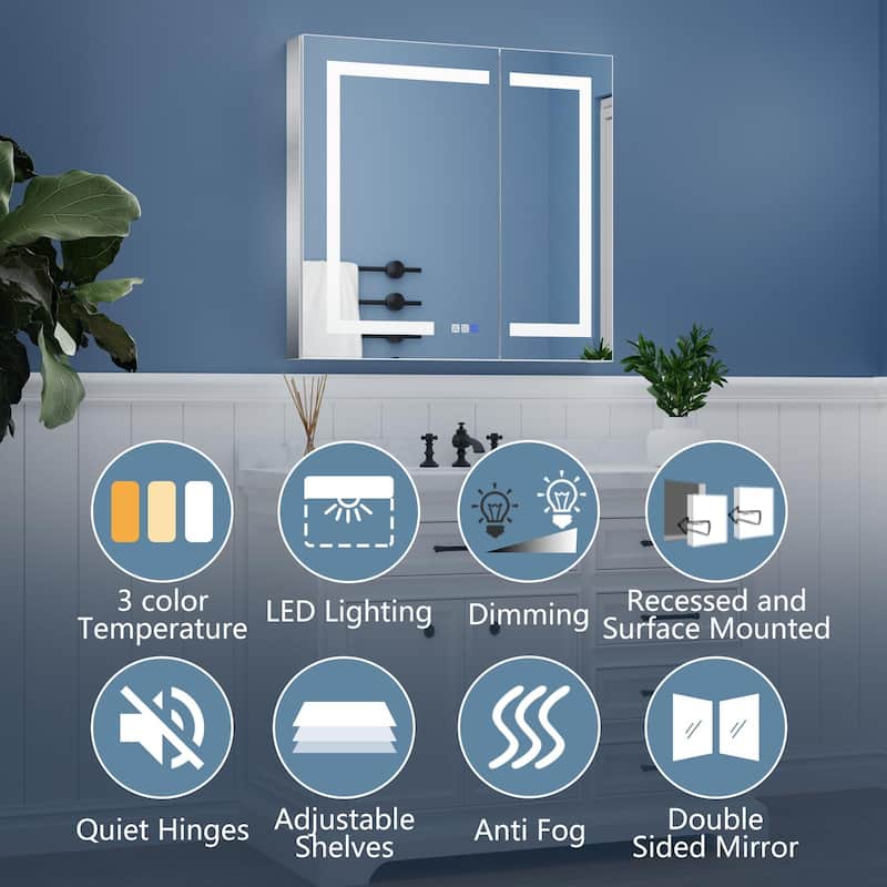 ExBrite 36" x 30" LED Lighted Bathroom Medicine Cabinet with Mirror,Recessed or Surface Mount,Defog