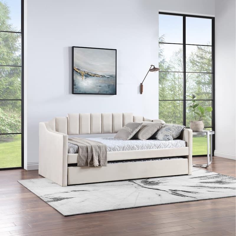 Modern Twin Size Upholstered Velvet Daybed with Trundle