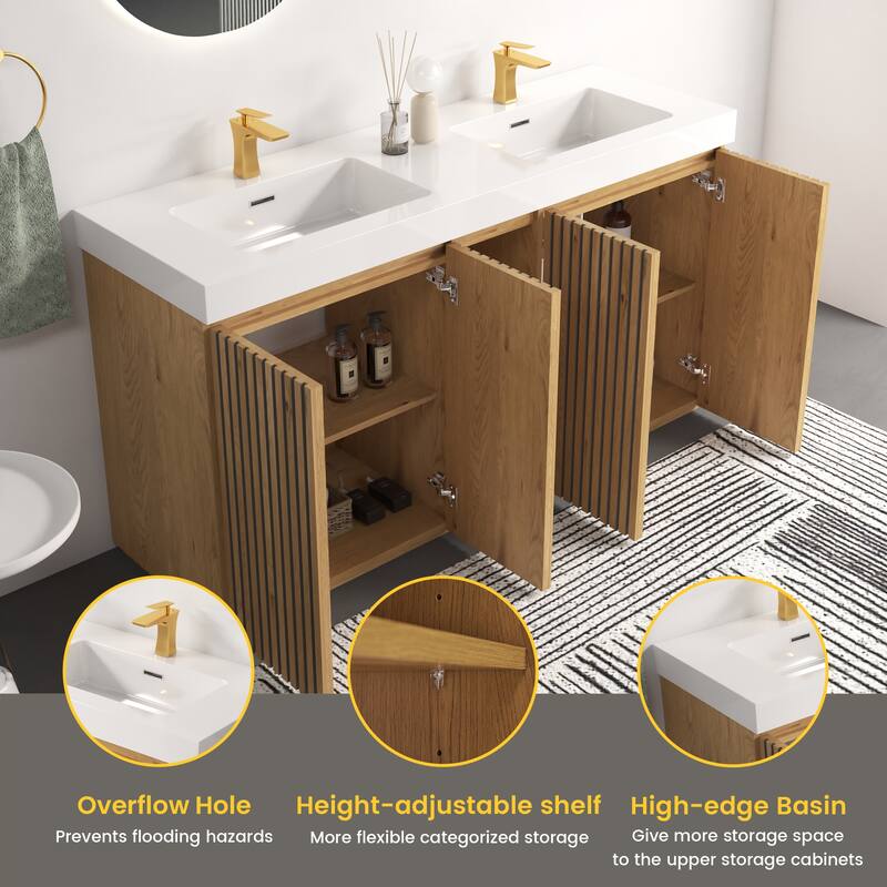 GDFStudio - Galan 60" Freestanding Bathroom Vanity with Quartz Sink, Solf Close Doors, Open Storage Shelf, NO Drain & Faucet