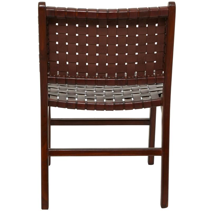 Brown, Black, White Leather Handmade Woven Kitchen Dining Chair with Teak Wood Frame