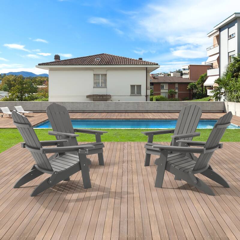 LIVOOSUN Outdoor Folding Adirondack Chair w/Cup Holder Set of 4 - Charcoal