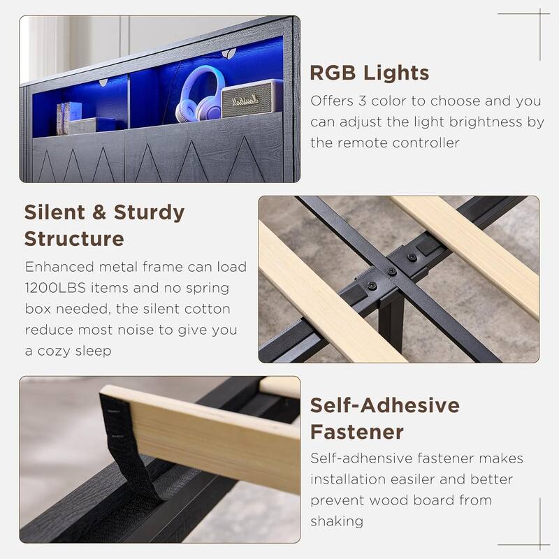 Modern King Size Wood Bed Frame with Charging Station and LED Lights