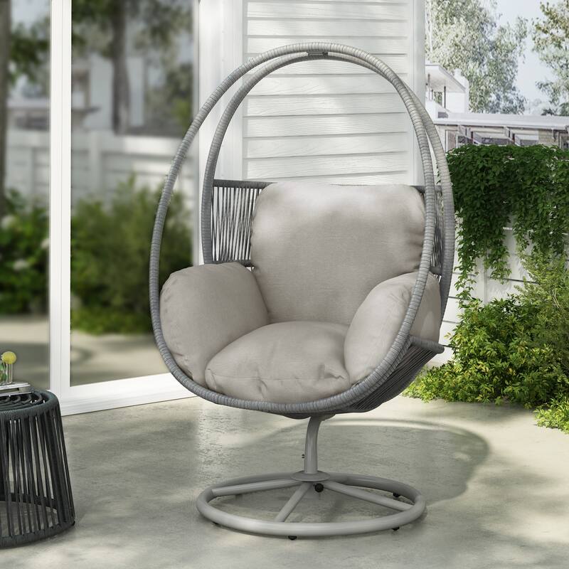 Anmytek Outdoor Patio Furniture Light Gray Wicker 360 Swivel Lounge Chair Iron Frame Waterproof Polyester Cushions